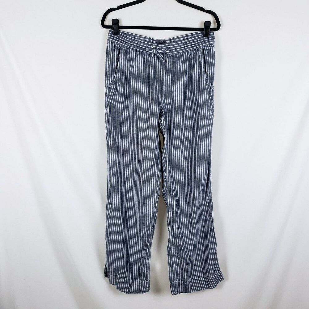 LL Bean Coastal Fisherman Linen Pants Womens 10 Striped Straight Leg Drawstring